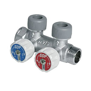 rozdzielacz mosiężny dwuportowy z zaworami