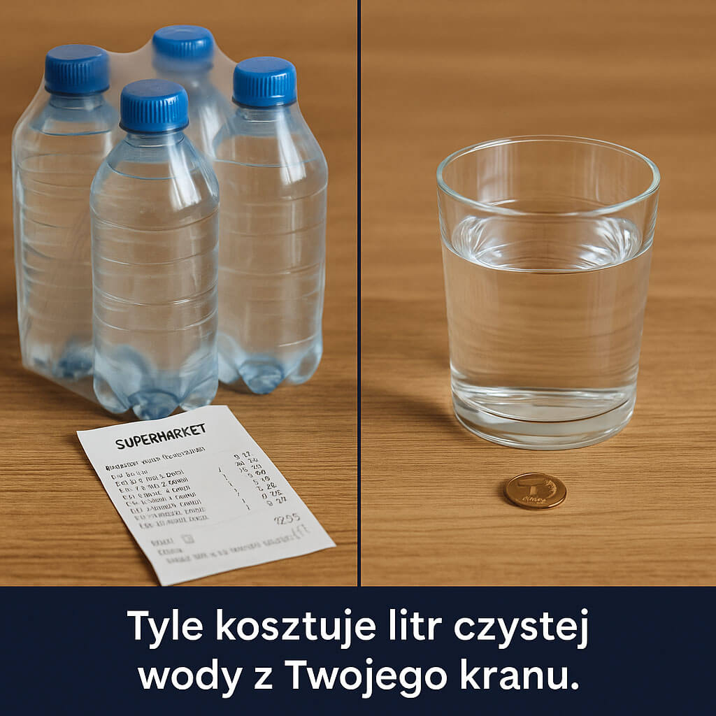 Porównanie kosztów wody butelkowanej i filtrowanej – zgrzewki wody i rachunek po lewej, a po prawej szklanka czystej wody z kranu i grosz, symbolizujący oszczędność z filtrem Hydropure