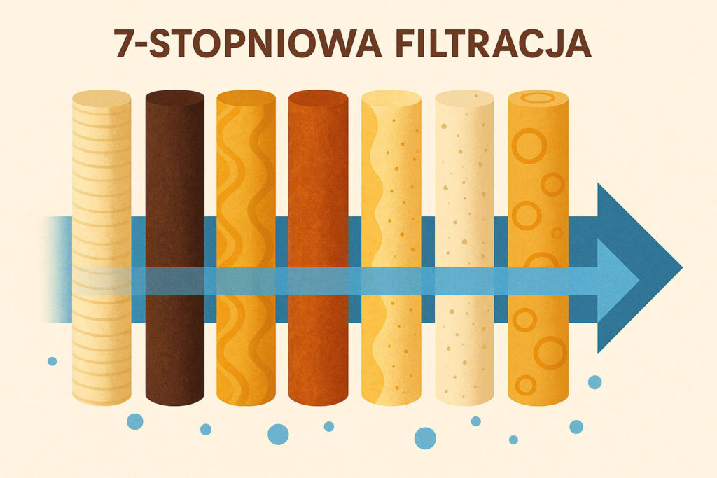 Schemat siedmiowarstwowej filtracji wody w systemie Hydropure DE LUXE 100 REDOX – etapy oczyszczania, mineralizacji i strukturyzacji wody